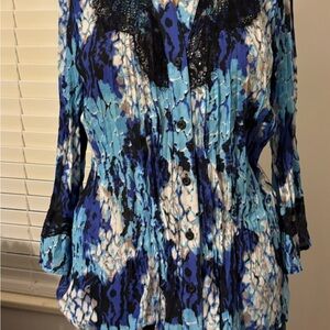 NY Collection Blue and Black Patterned Blouse